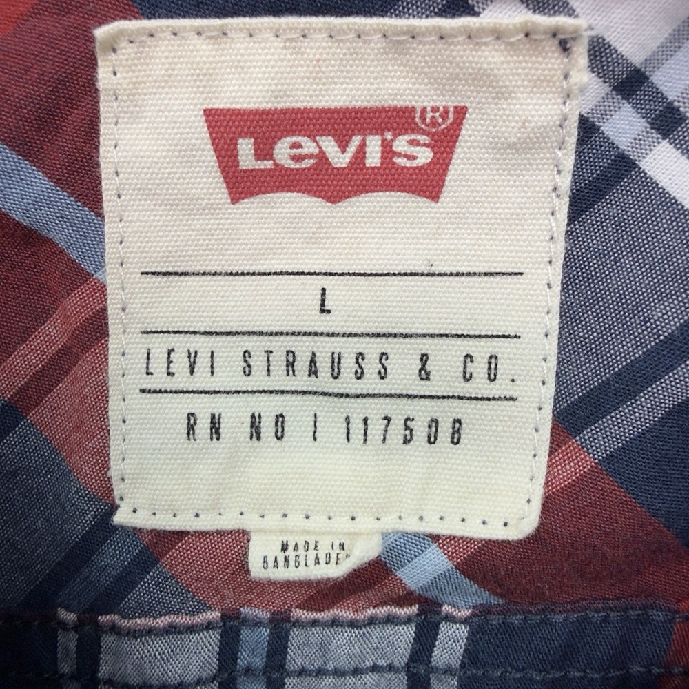 Levi's Mens Large Plaid Button Up Shirt Red Navy White Long Sleeve Red Tab - Picture 4 of 6